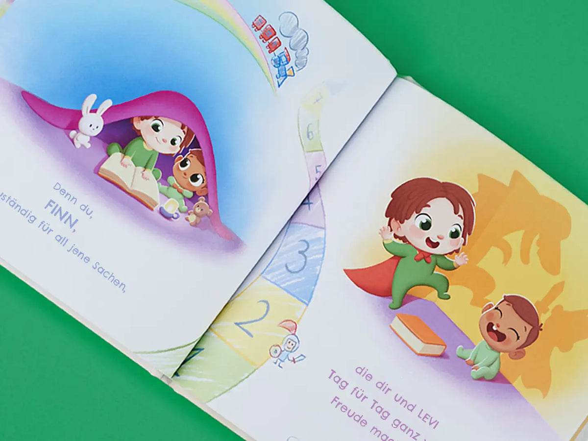 Lustige und emotionale Illustrationen aus dem personalisierten Buch für große Brüder.	