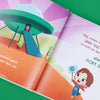 Lustiger Teil des personalisierten Buches für große Brüder, in dem sie sich fragen, ob das Baby ein Alien ist.	