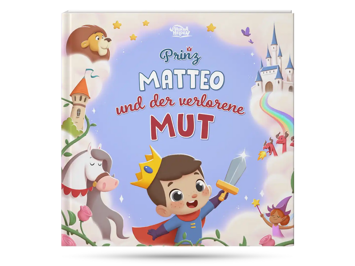 Das magische Cover des personalisierten Buches 'Prinz Matteo und der verlorene Mut'.	