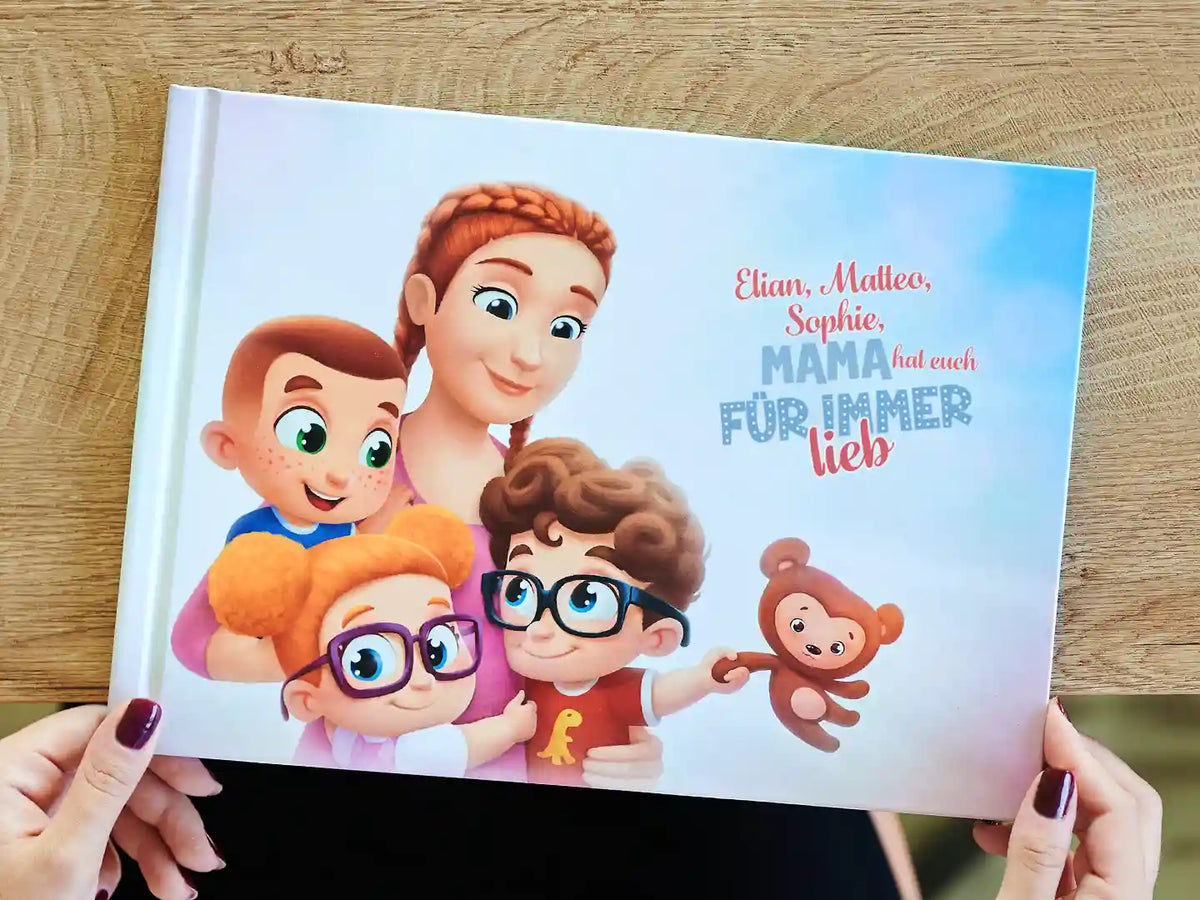 Personalisiertes Geschichtenbuch für die Mutter und ihre drei Kinder mit 10 emotionalen Geschichten.						