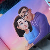 Detaillierte, farbenfrohe Illustration eines Paares, das einen Sonnenuntergang ansieht – aus dem besten Geschenk für einen Jahrestag: ein personalisiertes Buch für den Freund oder die Freundin.
