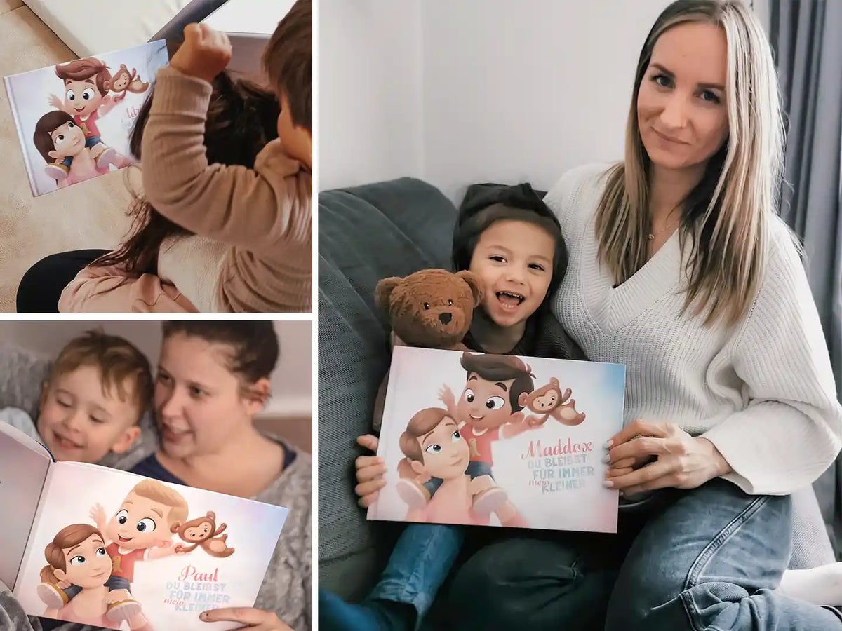 Mütter lesen ihren Kindern ihr individuelles Buch vor und freuen sich über ihr sinnvolles Geschenk zum Geburtstag.