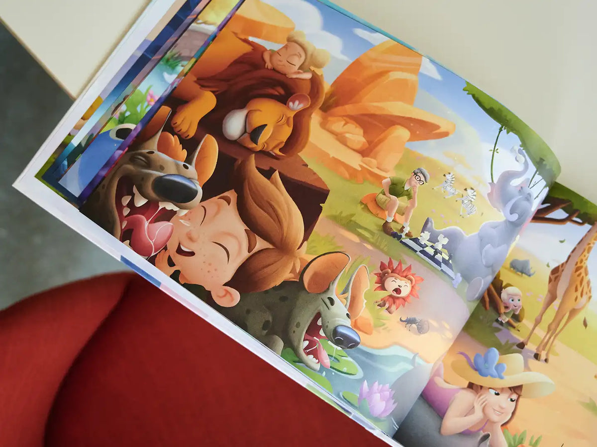 Illustration aus dem personalisierten Buch für Familien, in dem die Familie mit afrikanischen Tieren befreundet ist.