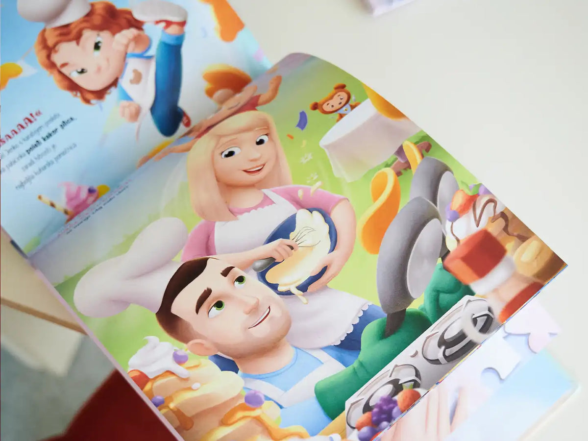 Detaillierte individuelle Illustration aller vier Familienmitglieder, die Pfannkuchen backen.