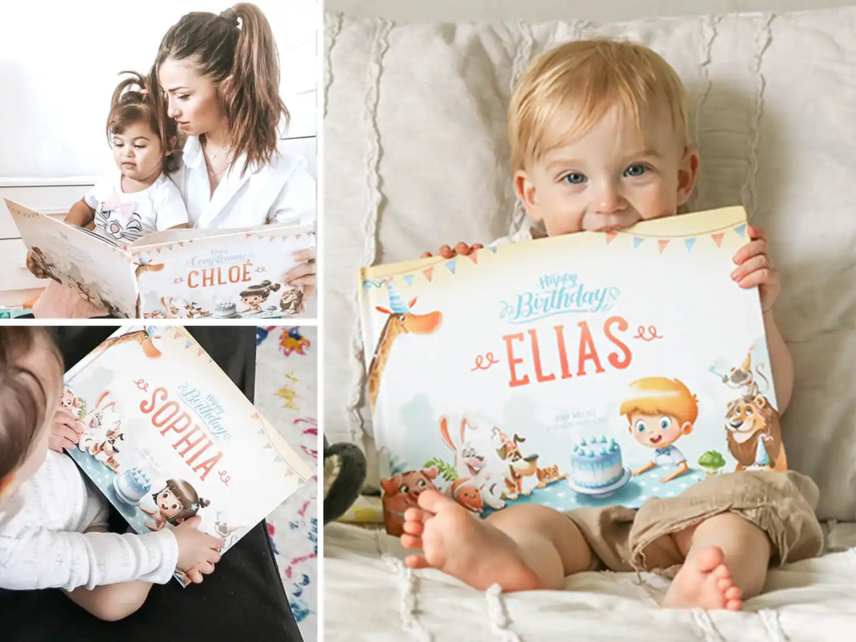 Kinder mit einem personalisierten Geburtstagsbuch, das ein tolles Geschenk ist.