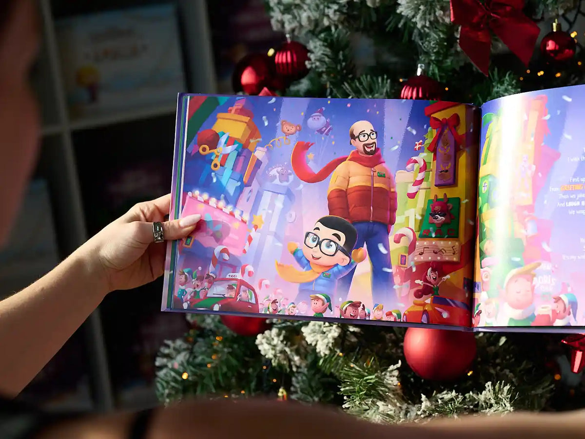 Eine farbenfrohe Illustration aus dem neuen Weihnachtsbuch für Papa von Hurra Helden.