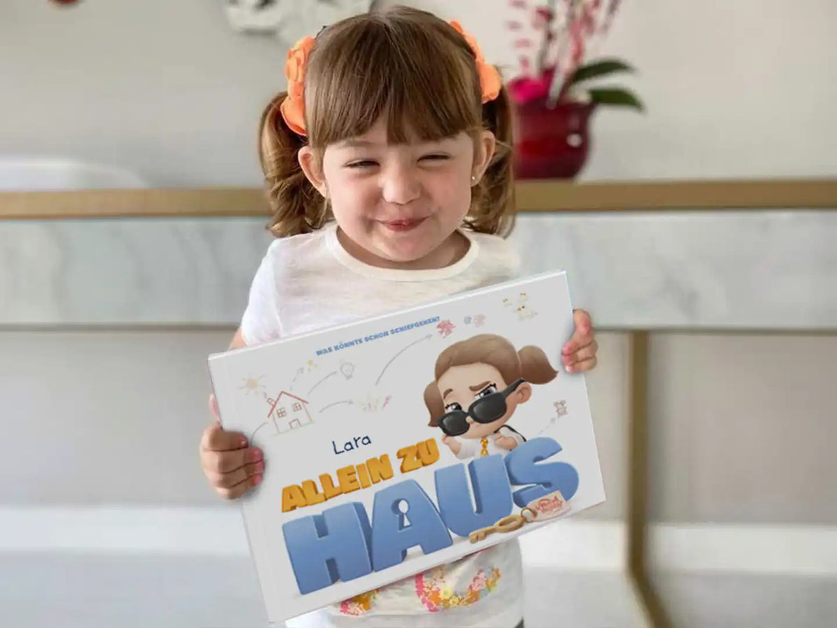 Lara liebt ihr neues, personalisiertes Buch „Jessica ist allein zu Hause“.