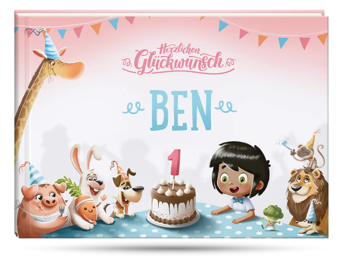 Das Cover des personalisierten Geburtstagsbuchs, das das perfekte Geschenk für ein einjähriges Kind ist.