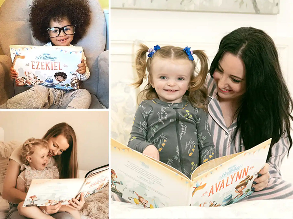 Kleine Kinder mit ihrem neuen personalisierten Geburtstagsbuch.