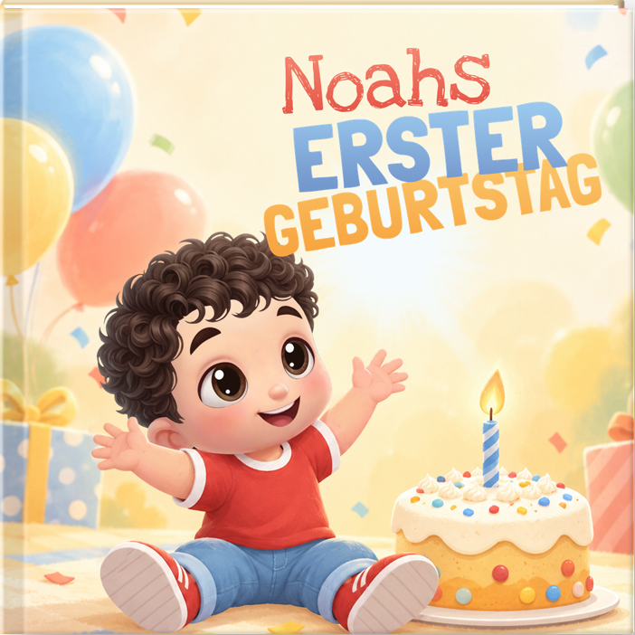 Buch zum ersten Geburtstag mit Baby, Geburtstagskuchen und Kerze
