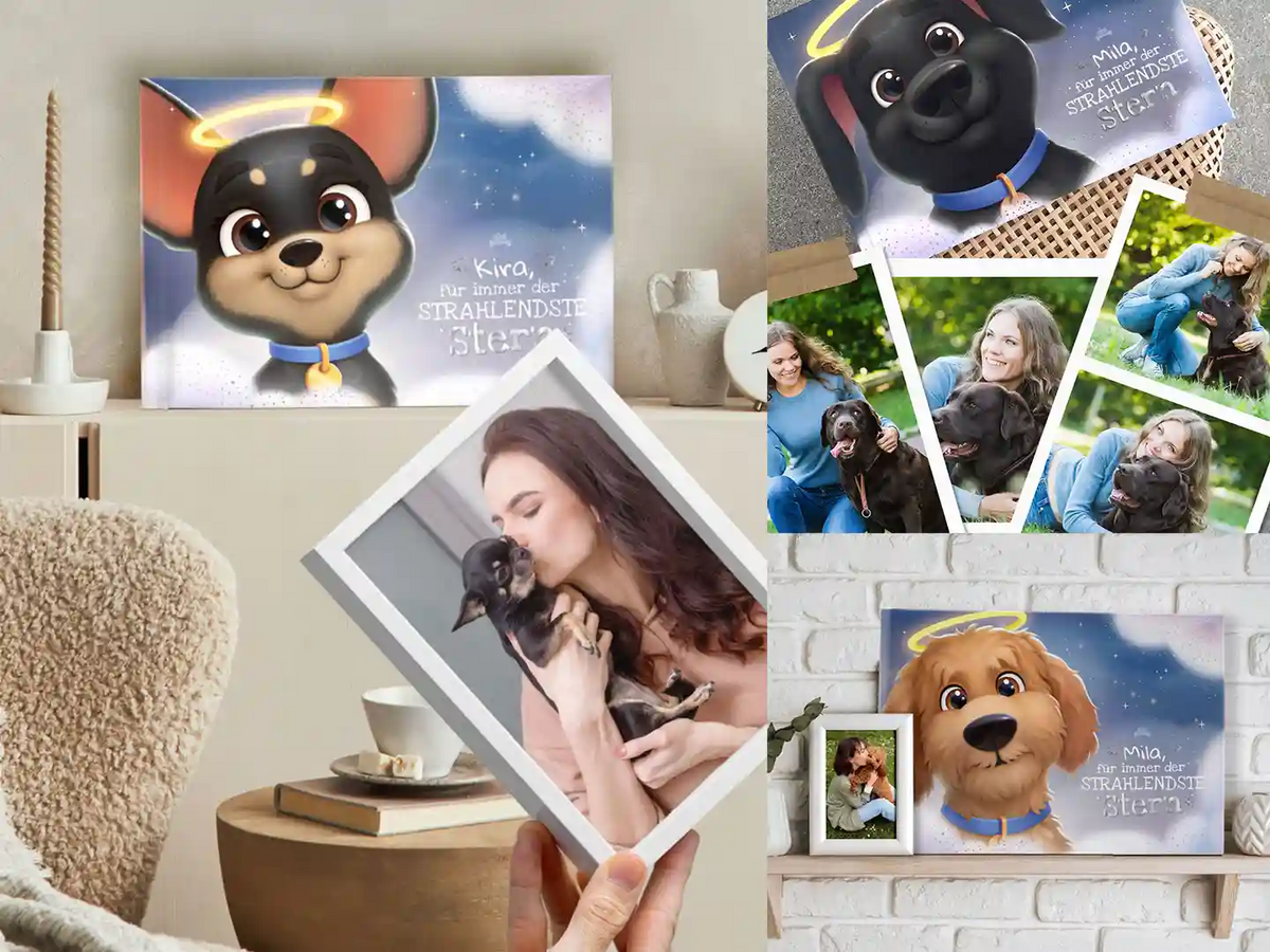 Collage mit personalisierten Hunde-Erinnerungsleinwänden von Hurra Helden, darunter „Kira, für immer der STRAHLENDSTE Stern“ und „Milo, für immer der STRAHLENDSTE Stern“, präsentiert in gemütlicher Wohnumgebung mit echten Hundefotos.
