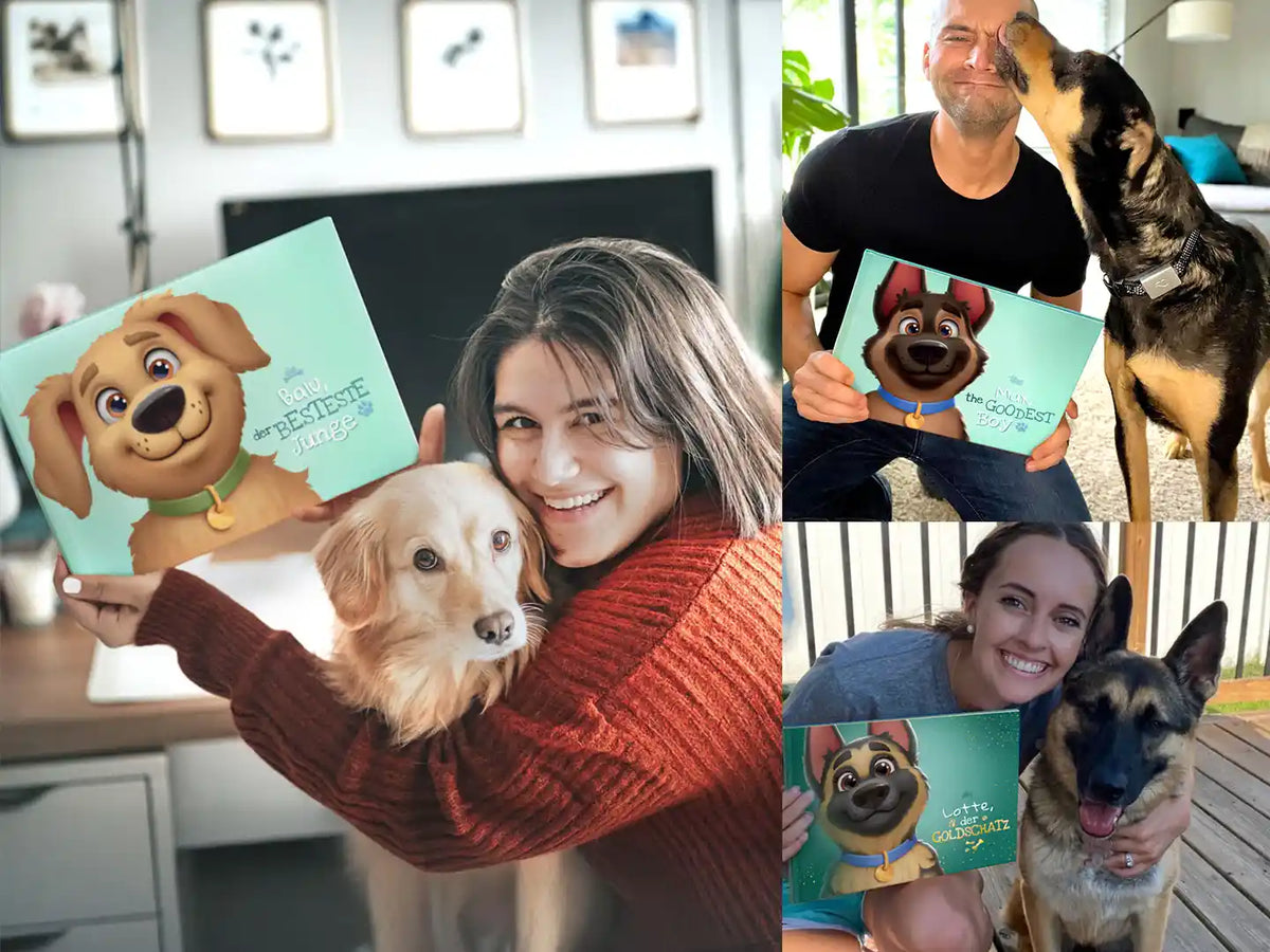 Tierbesitzer lächeln mit ihren Hunden und halten personalisierte Hundebücher.