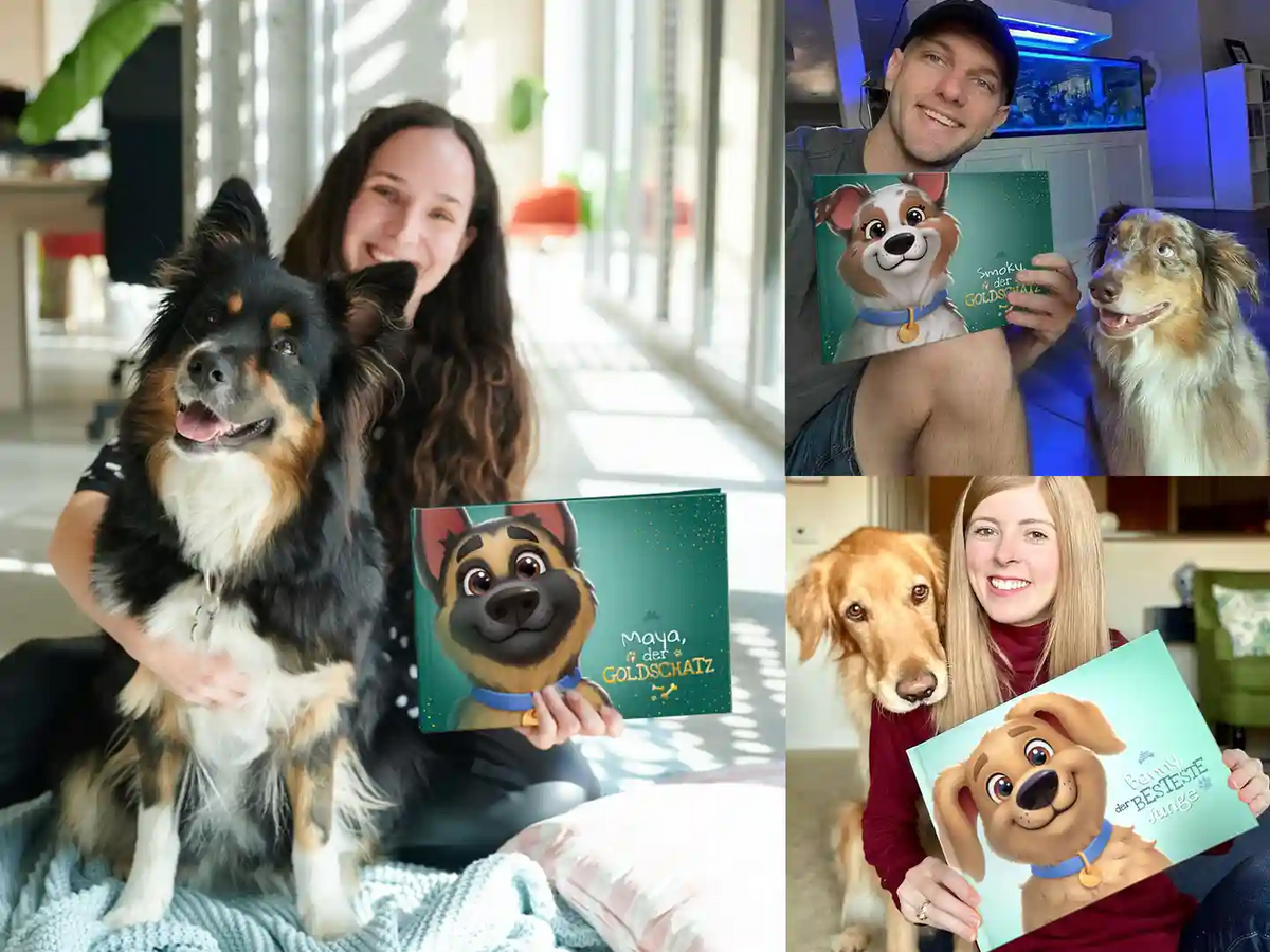 Drei glückliche Hundebesitzer mit ihren personalisierten Hundebüchern – „Maya, der GOLDSCHATZ“, „Smokey, der GOLDSCHATZ“ und „Benny, der BESTESTE Junge“ – zusammen mit ihren bezaubernden Hunden.